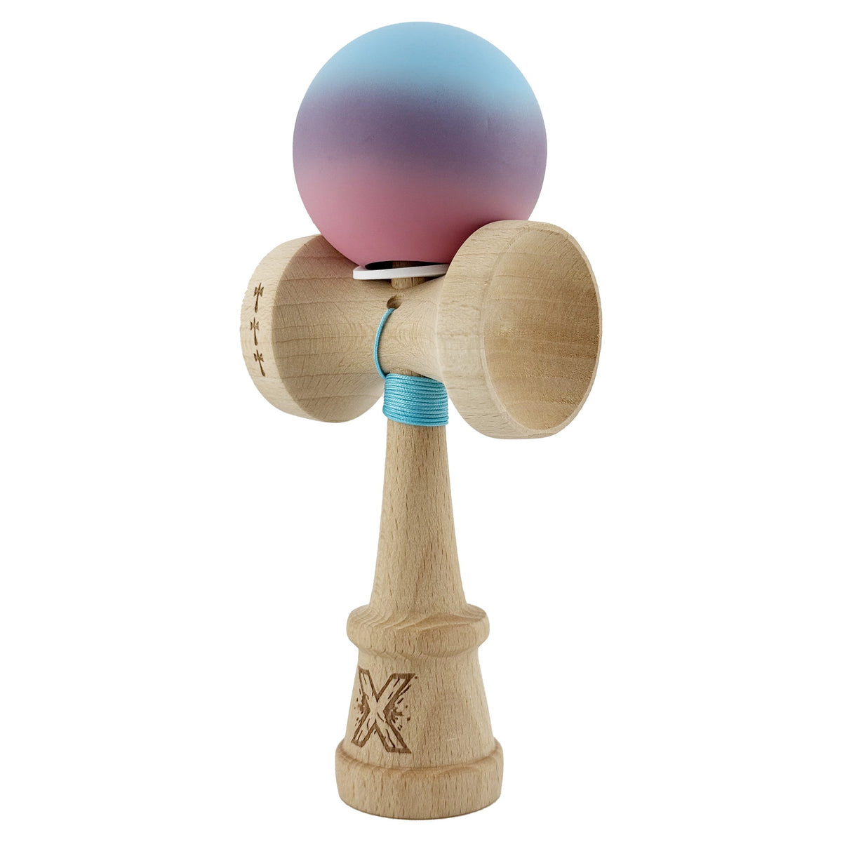 Kendama X Originala, Model V3 Albastru Deschis / Mov / Roz in Degrade, Profesionala, Cupe Mari King Size, Rubber Grip, Gaura in Baza, Rulment, Ata 55cm
