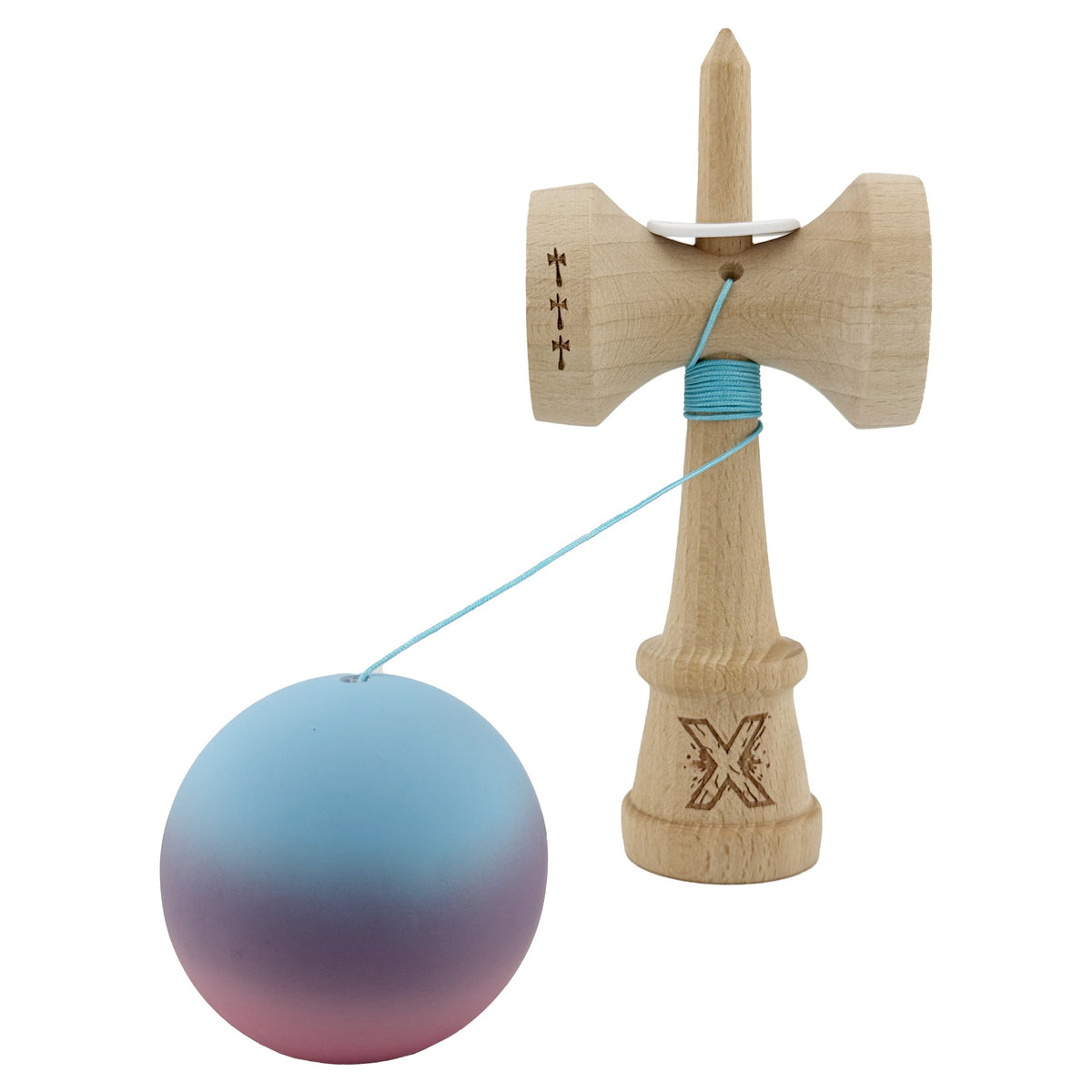 Kendama X Originala, Model V3 Albastru Deschis / Mov / Roz in Degrade, Profesionala, Cupe Mari King Size, Rubber Grip, Gaura in Baza, Rulment, Ata 55cm
