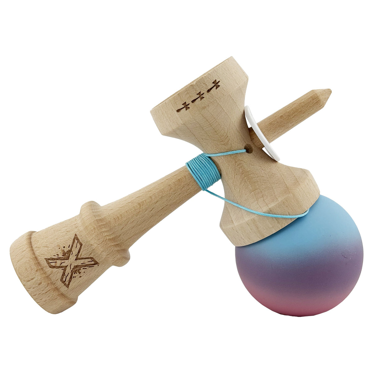 Kendama X Originala, Model V3 Albastru Deschis / Mov / Roz in Degrade, Profesionala, Cupe Mari King Size, Rubber Grip, Gaura in Baza, Rulment, Ata 55cm
