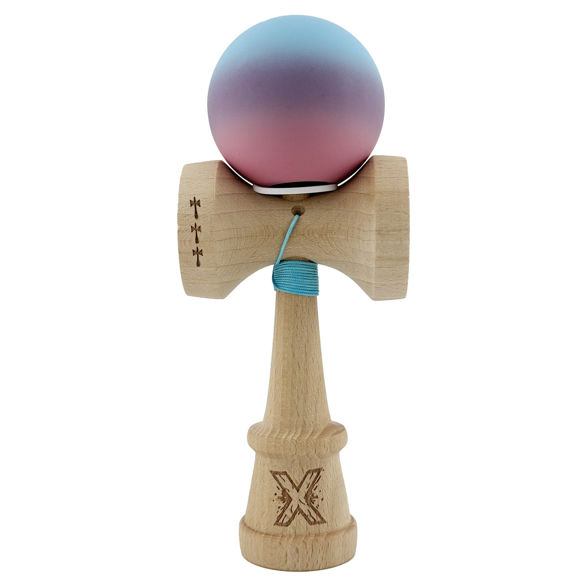 Kendama X Originala, Model V3 Albastru Deschis / Mov / Roz in Degrade, Profesionala, Cupe Mari King Size, Rubber Grip, Gaura in Baza, Rulment, Ata 55cm