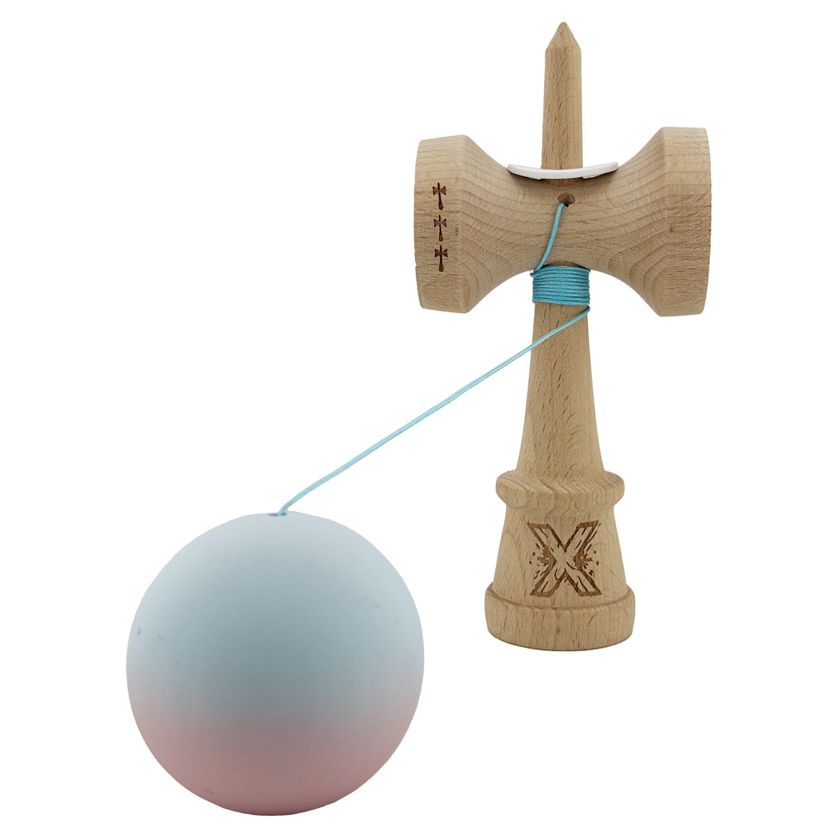 Kendama X Originala, Model V3 Albastru Deschis / Roz in Degrade, Profesionala, Cupe Mari King Size, Rubber Grip, Gaura in Baza, Rulment, Ata 55cm