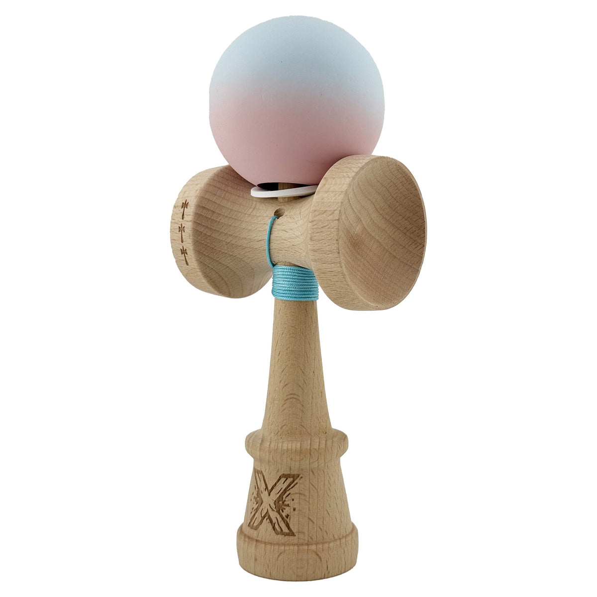 Kendama X Originala, Model V3 Albastru Deschis / Roz in Degrade, Profesionala, Cupe Mari King Size, Rubber Grip, Gaura in Baza, Rulment, Ata 55cm