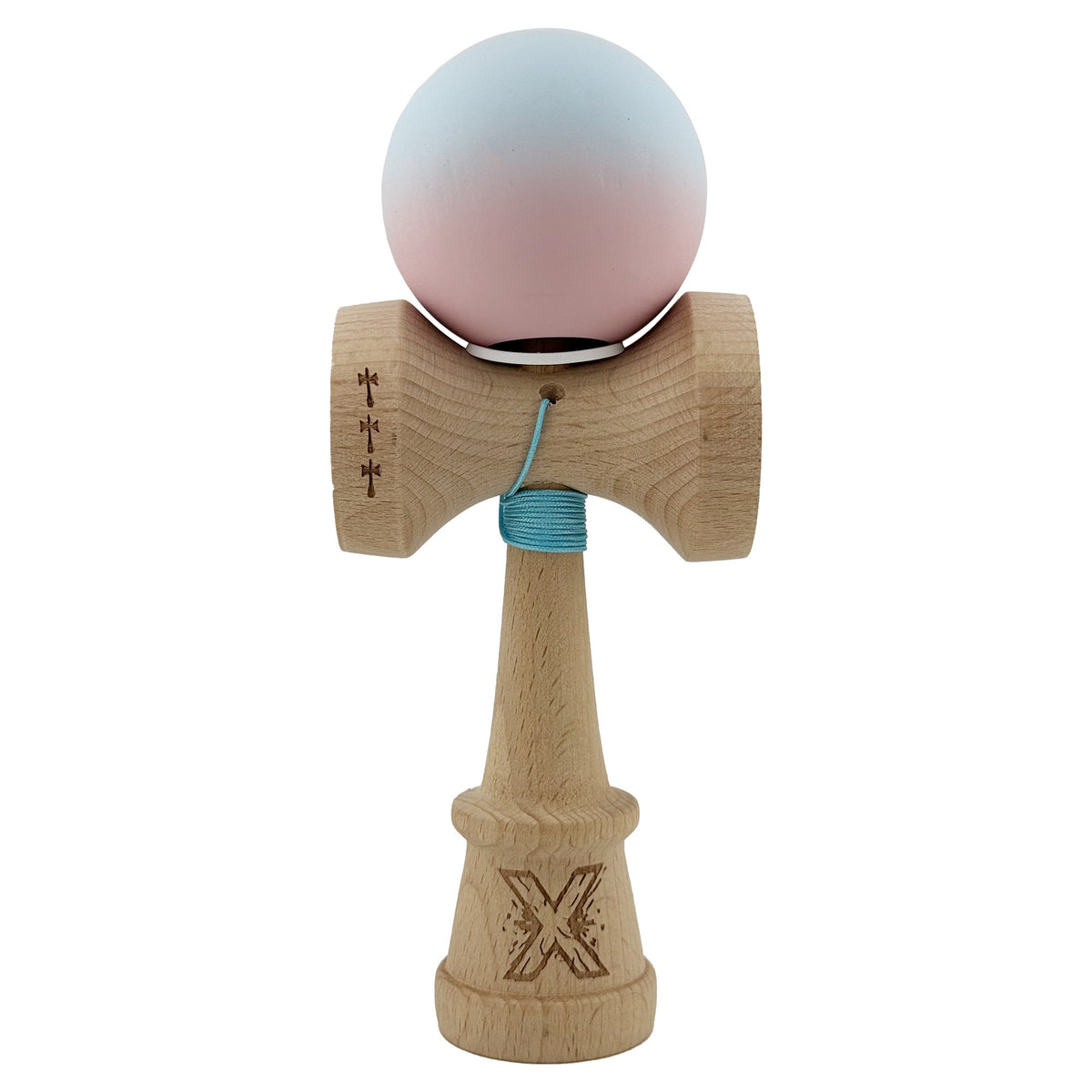 Kendama X Originala, Model V3 Albastru Deschis / Roz in Degrade, Profesionala, Cupe Mari King Size, Rubber Grip, Gaura in Baza, Rulment, Ata 55cm