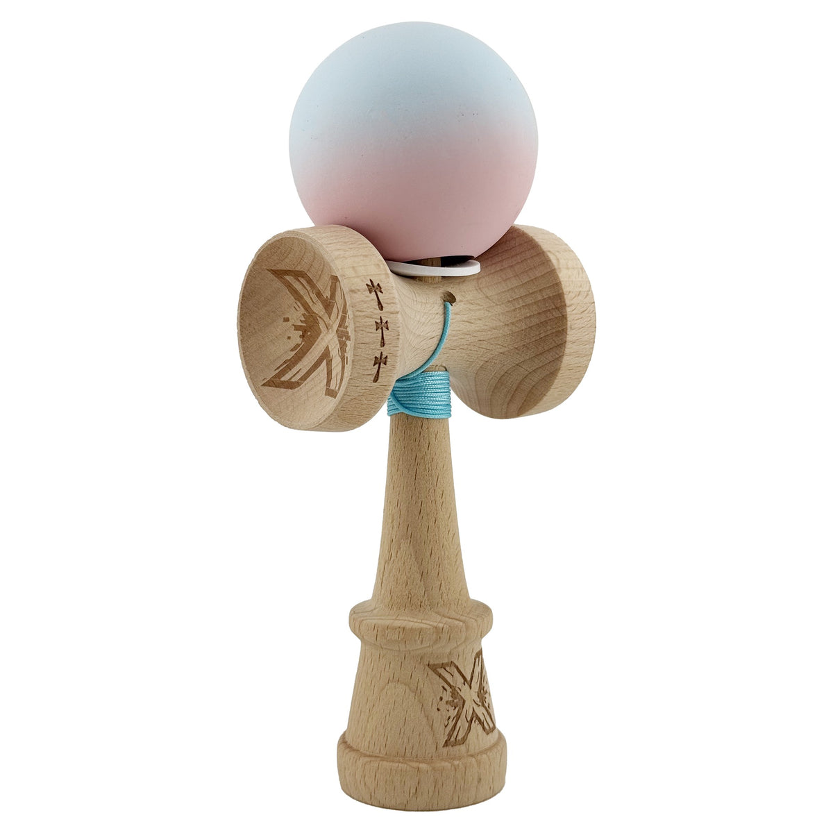 Kendama X Originala, Model V3 Albastru Deschis / Roz in Degrade, Profesionala, Cupe Mari King Size, Rubber Grip, Gaura in Baza, Rulment, Ata 55cm