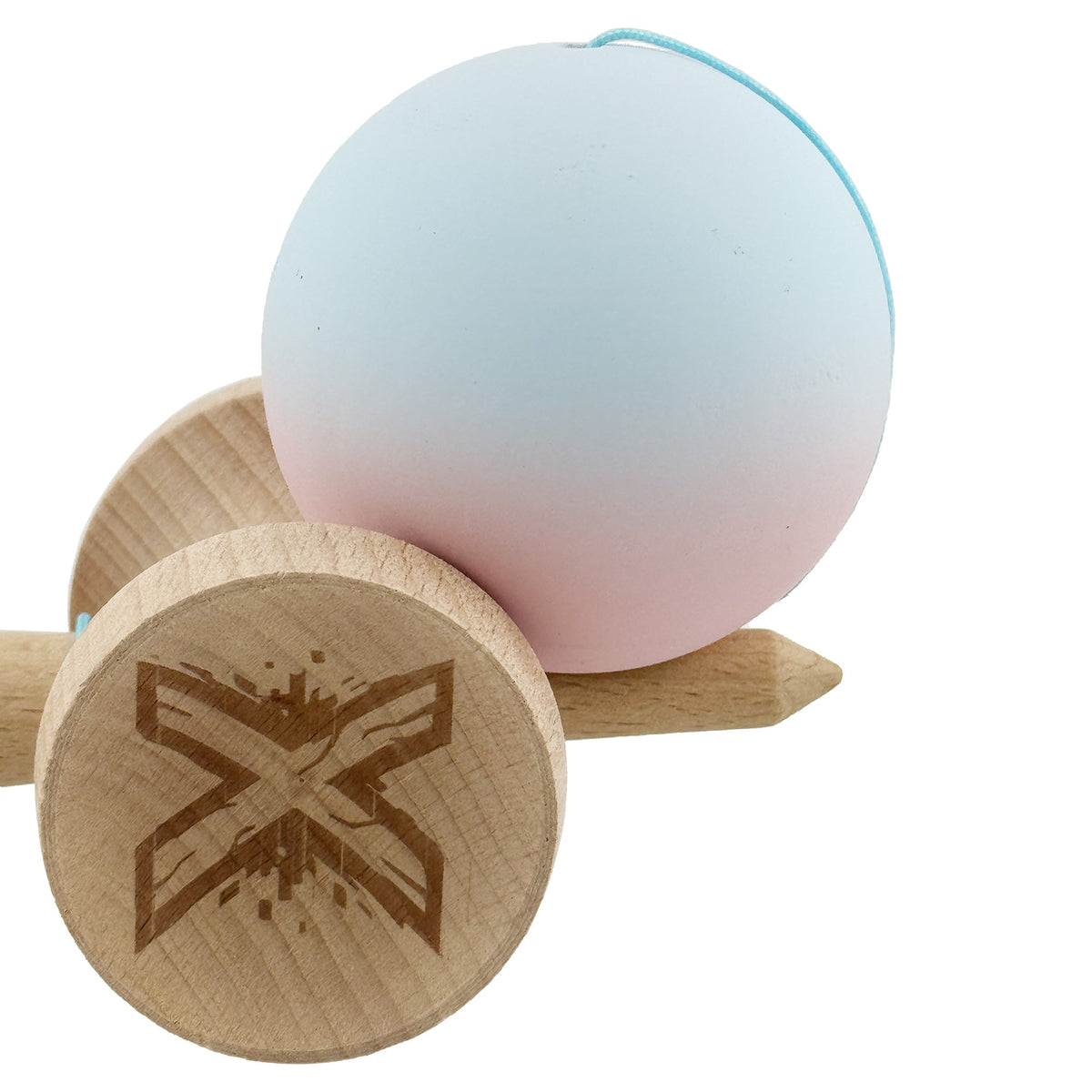 Kendama X Originala, Model V3 Albastru Deschis / Roz in Degrade, Profesionala, Cupe Mari King Size, Rubber Grip, Gaura in Baza, Rulment, Ata 55cm