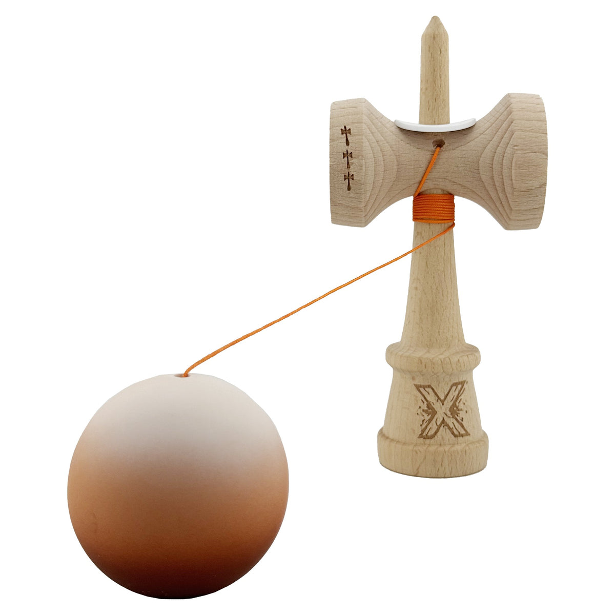 Kendama X Originala, Model V3 Alb / Maro in Degrade, Profesionala, Cupe Mari King Size, Rubber Grip, Gaura in Baza, Rulment, Ata 55cm