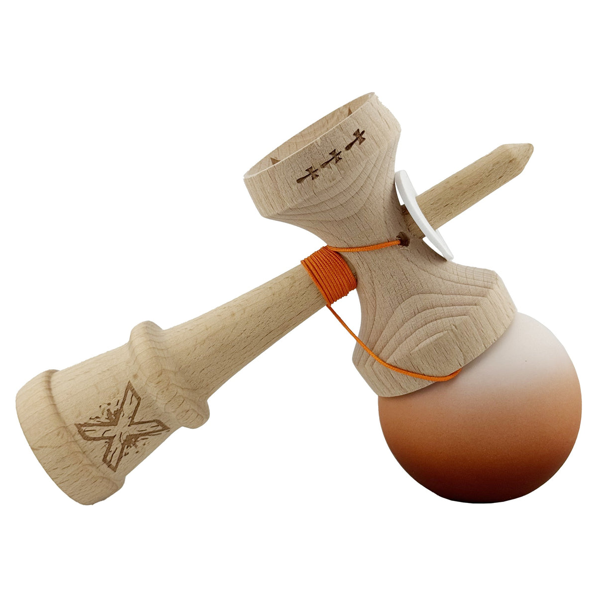 Kendama X Originala, Model V3 Alb / Maro in Degrade, Profesionala, Cupe Mari King Size, Rubber Grip, Gaura in Baza, Rulment, Ata 55cm