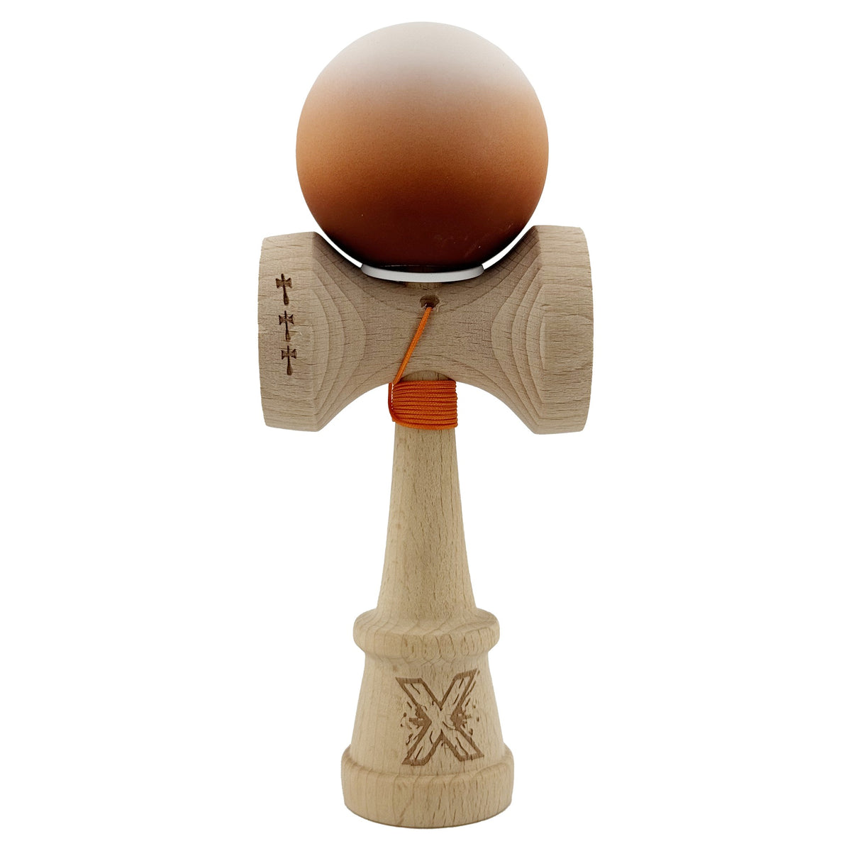 Kendama X Originala, Model V3 Alb / Maro in Degrade, Profesionala, Cupe Mari King Size, Rubber Grip, Gaura in Baza, Rulment, Ata 55cm
