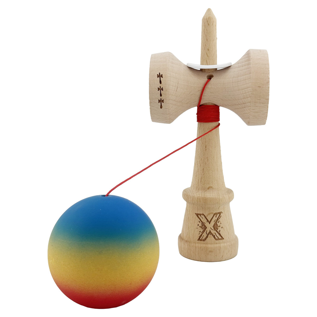 Kendama X Originala, Model V3 Albastru / Galben / Rosu in Degrade, Profesionala, Cupe Mari King Size, Rubber Grip, Gaura in Baza, Rulment, Ata 55cm