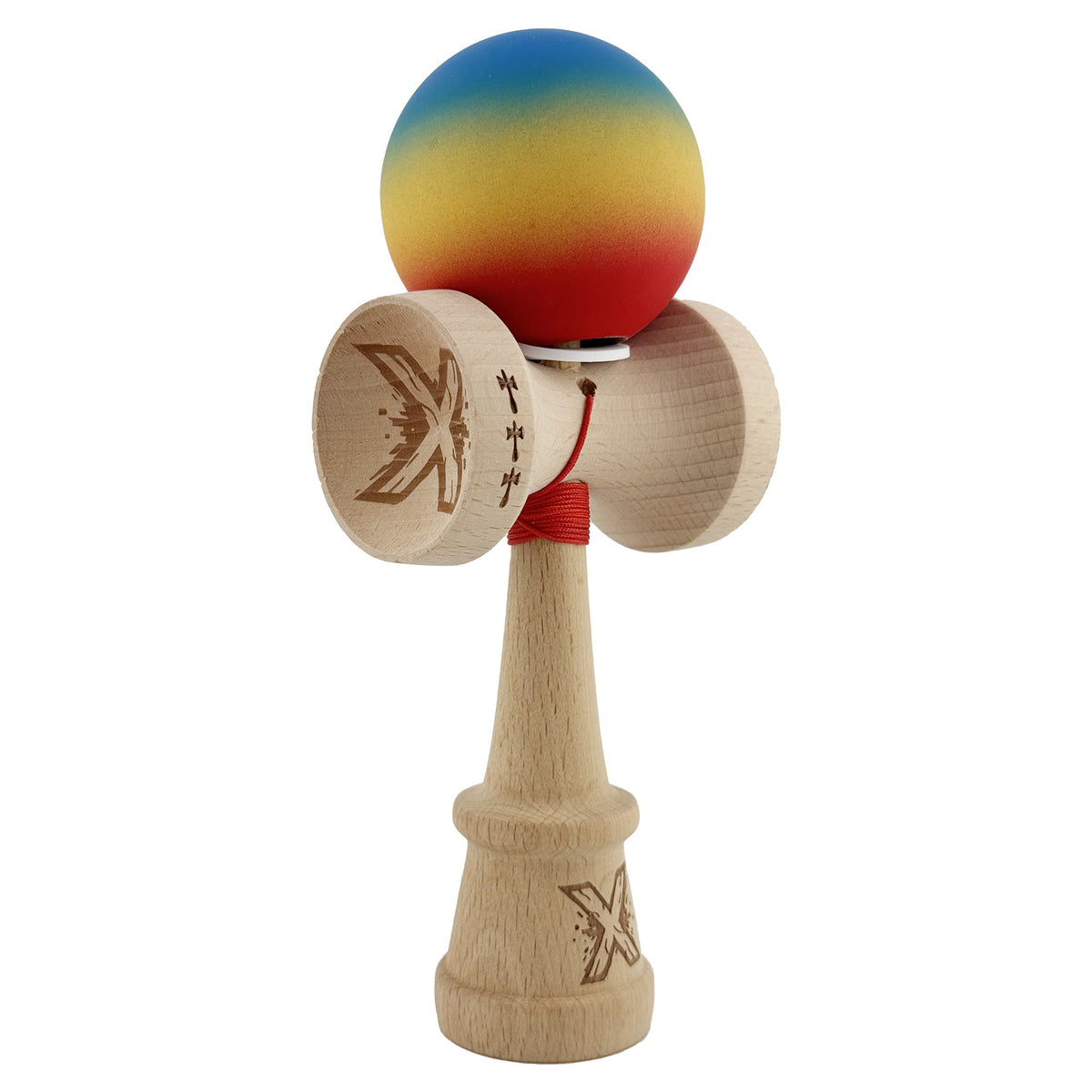 Kendama X Originala, Model V3 Albastru / Galben / Rosu in Degrade, Profesionala, Cupe Mari King Size, Rubber Grip, Gaura in Baza, Rulment, Ata 55cm