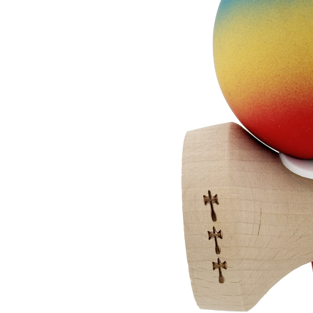 Kendama X Originala, Model V3 Albastru / Galben / Rosu in Degrade, Profesionala, Cupe Mari King Size, Rubber Grip, Gaura in Baza, Rulment, Ata 55cm