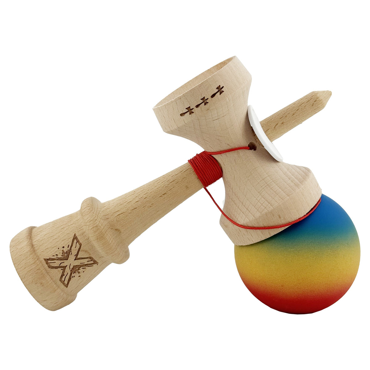 Kendama X Originala, Model V3 Albastru / Galben / Rosu in Degrade, Profesionala, Cupe Mari King Size, Rubber Grip, Gaura in Baza, Rulment, Ata 55cm
