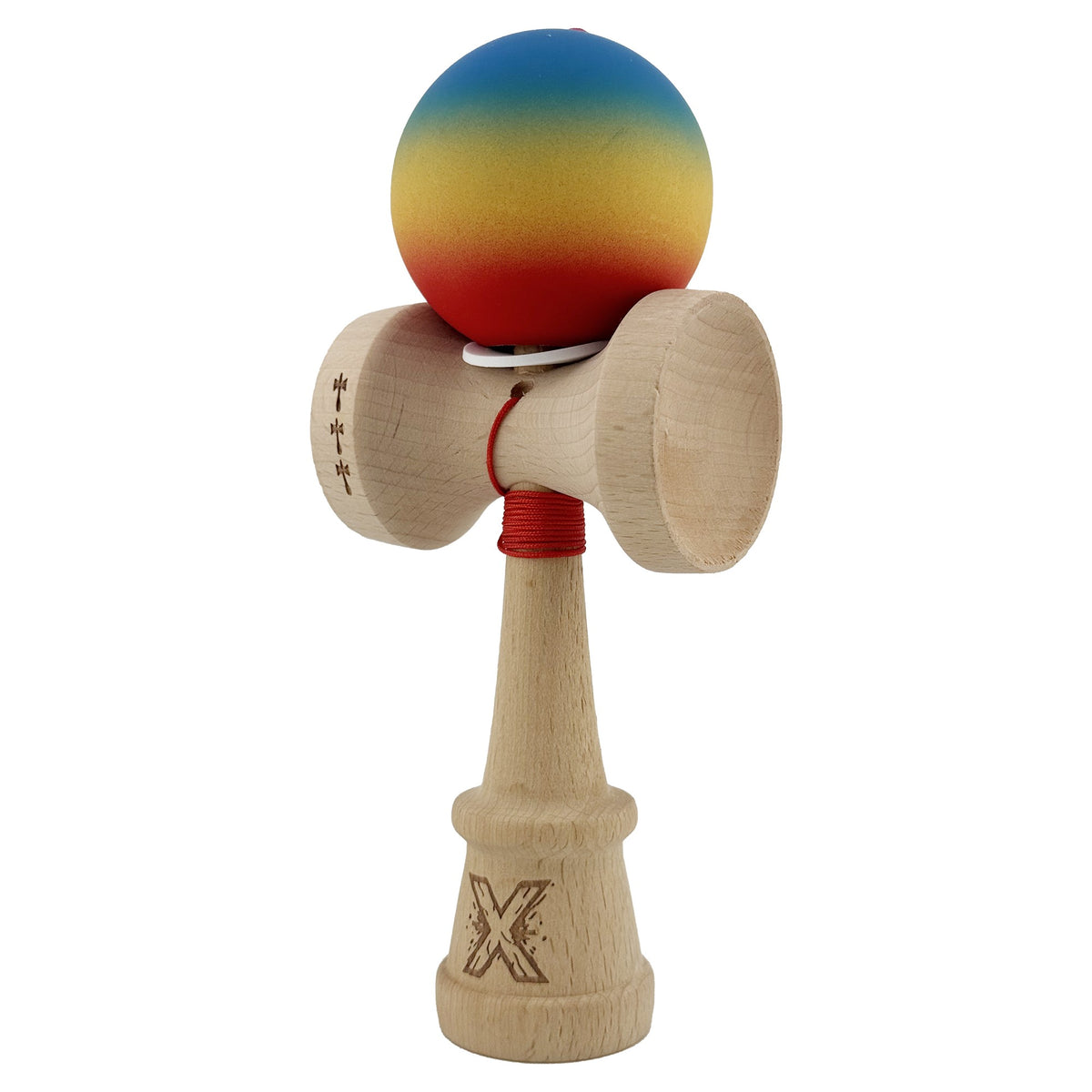 Kendama X Originala, Model V3 Albastru / Galben / Rosu in Degrade, Profesionala, Cupe Mari King Size, Rubber Grip, Gaura in Baza, Rulment, Ata 55cm