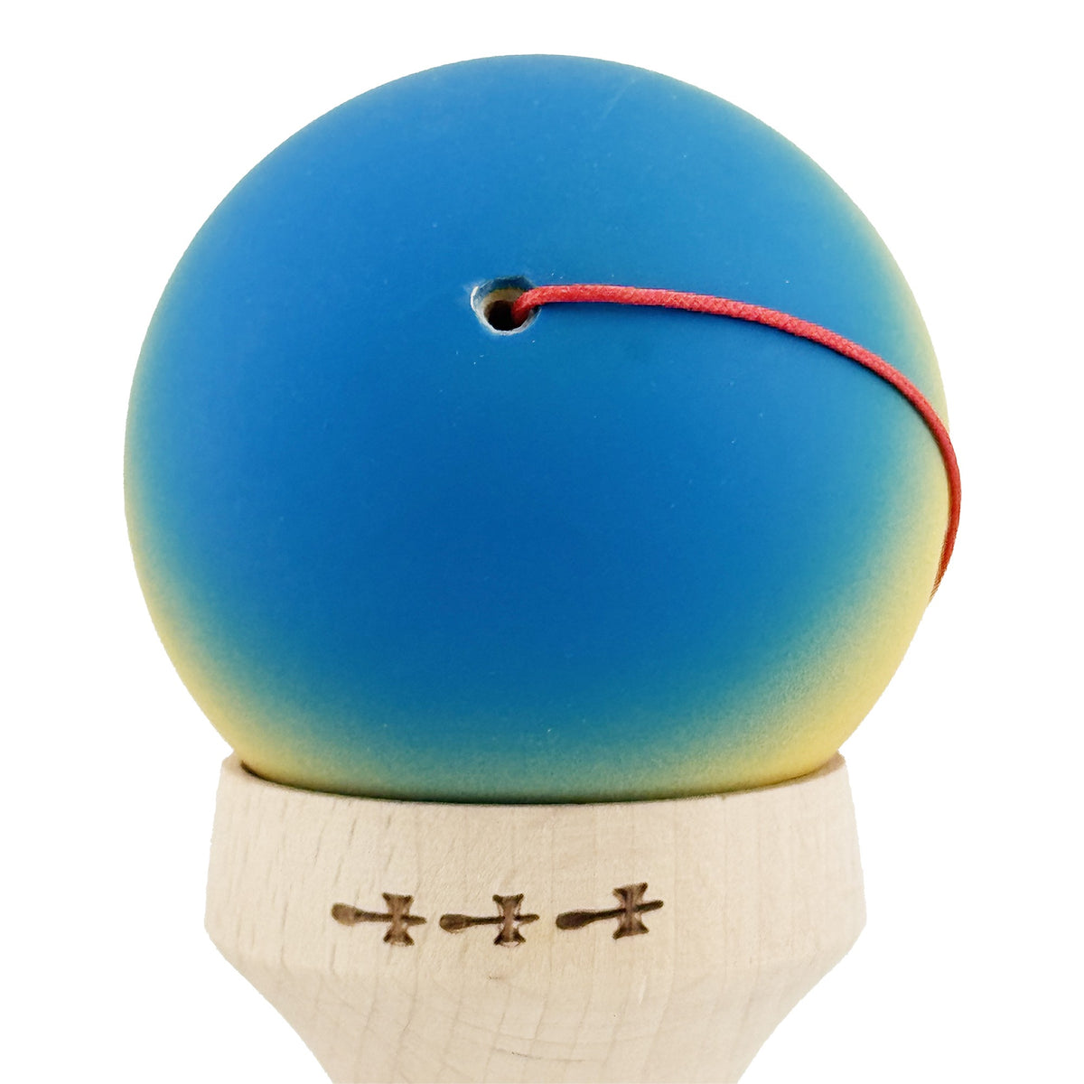 Kendama X Originala, Model V3 Albastru / Galben / Rosu in Degrade, Profesionala, Cupe Mari King Size, Rubber Grip, Gaura in Baza, Rulment, Ata 55cm