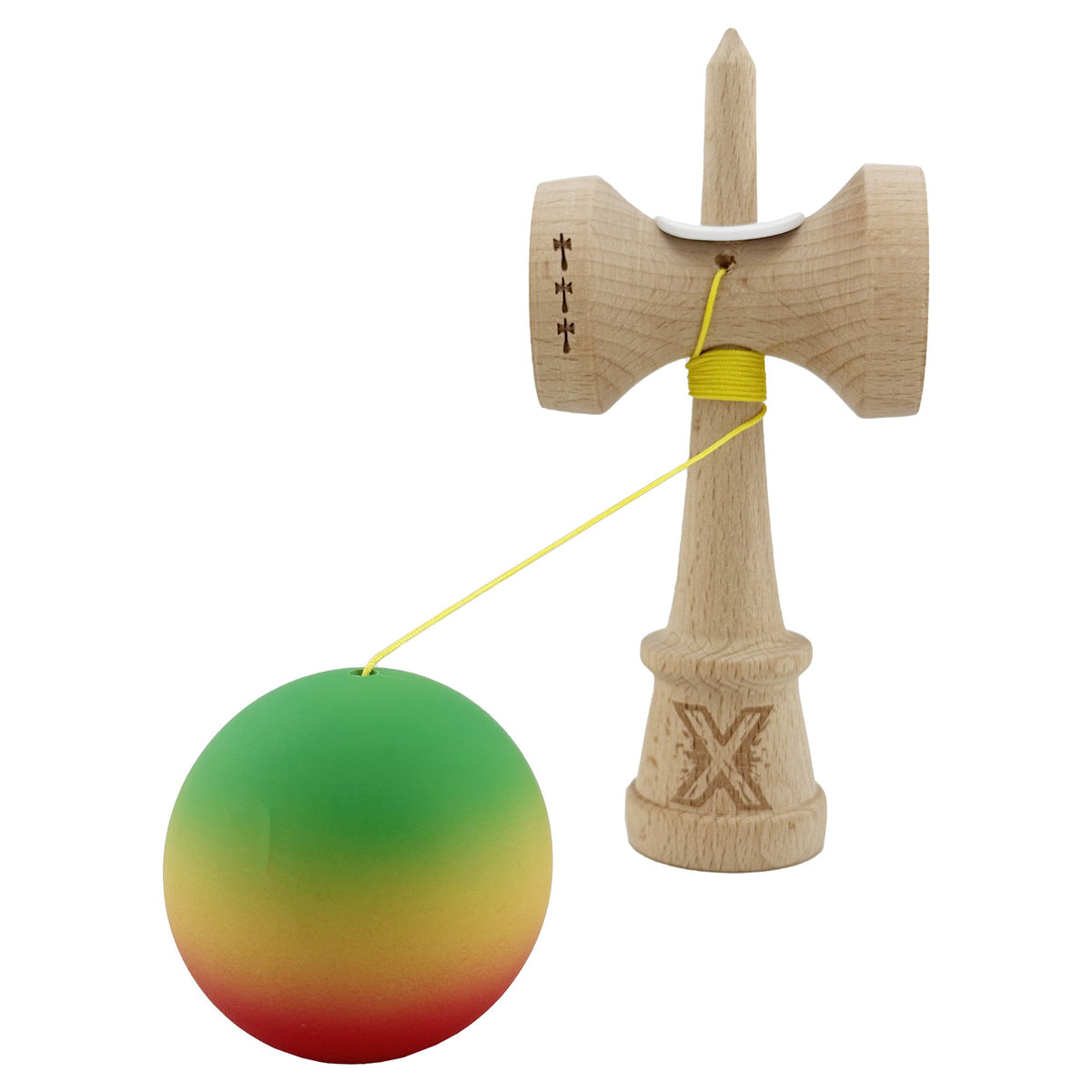 Kendama X Originala, Model V3 Verde / Galben / Rosu in Degrade, Profesionala, Cupe Mari King Size, Rubber Grip, Gaura in Baza, Rulment, Ata 55cm