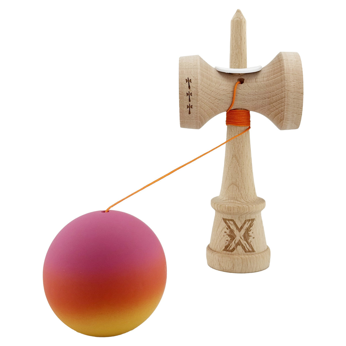 Kendama X Originala, Model V3 Roz / Rosu / Galben in Degrade, Profesionala, Cupe Mari King Size, Rubber Grip, Gaura in Baza, Rulment, Ata 55cm