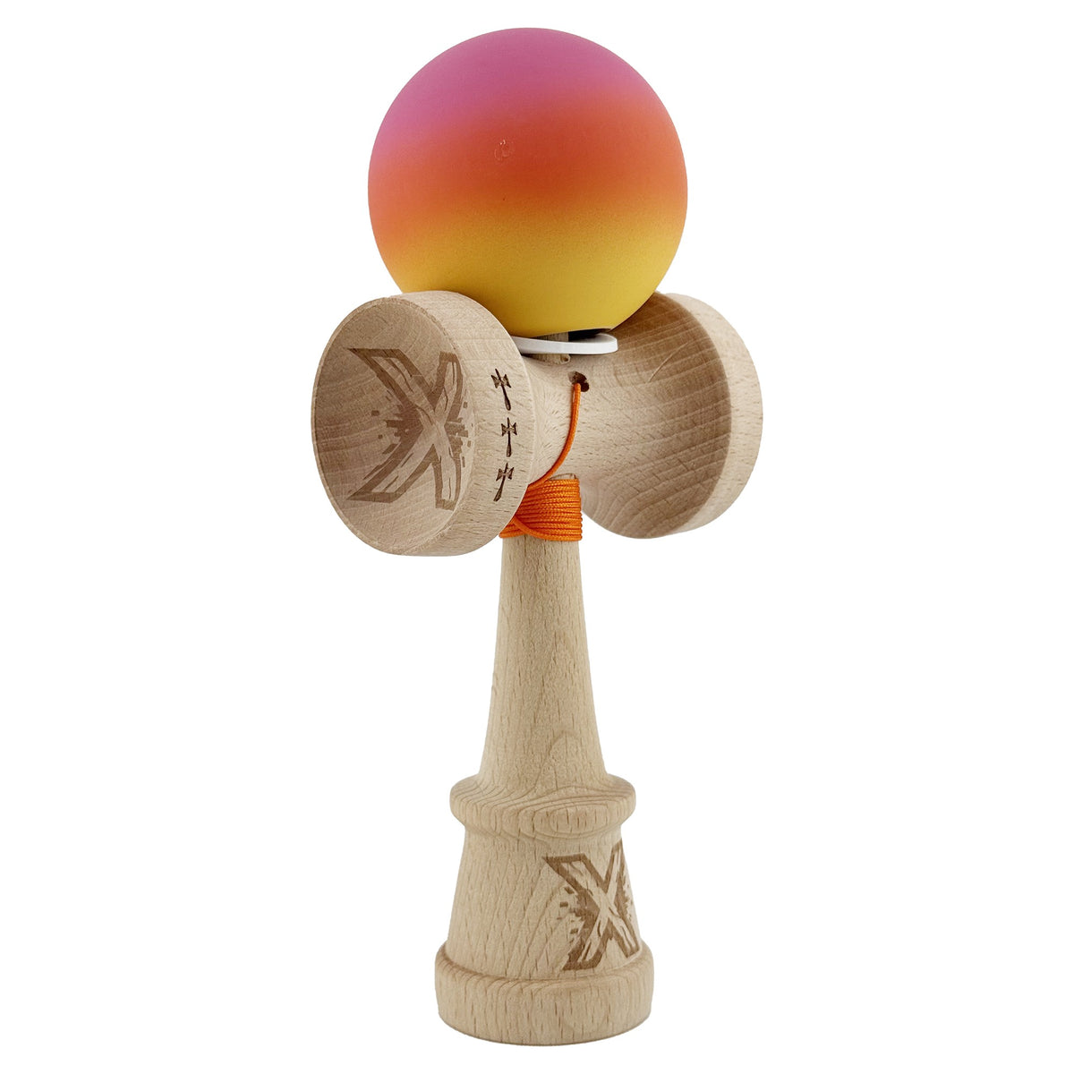 Kendama X Originala, Model V3 Roz / Rosu / Galben in Degrade, Profesionala, Cupe Mari King Size, Rubber Grip, Gaura in Baza, Rulment, Ata 55cm