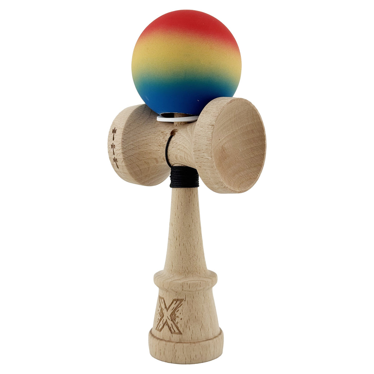Kendama X Originala, Model V3 Rosu / Galben / Albastru in Degrade, Profesionala, Cupe Mari King Size, Rubber Grip, Gaura in Baza, Rulment, Ata 55cm