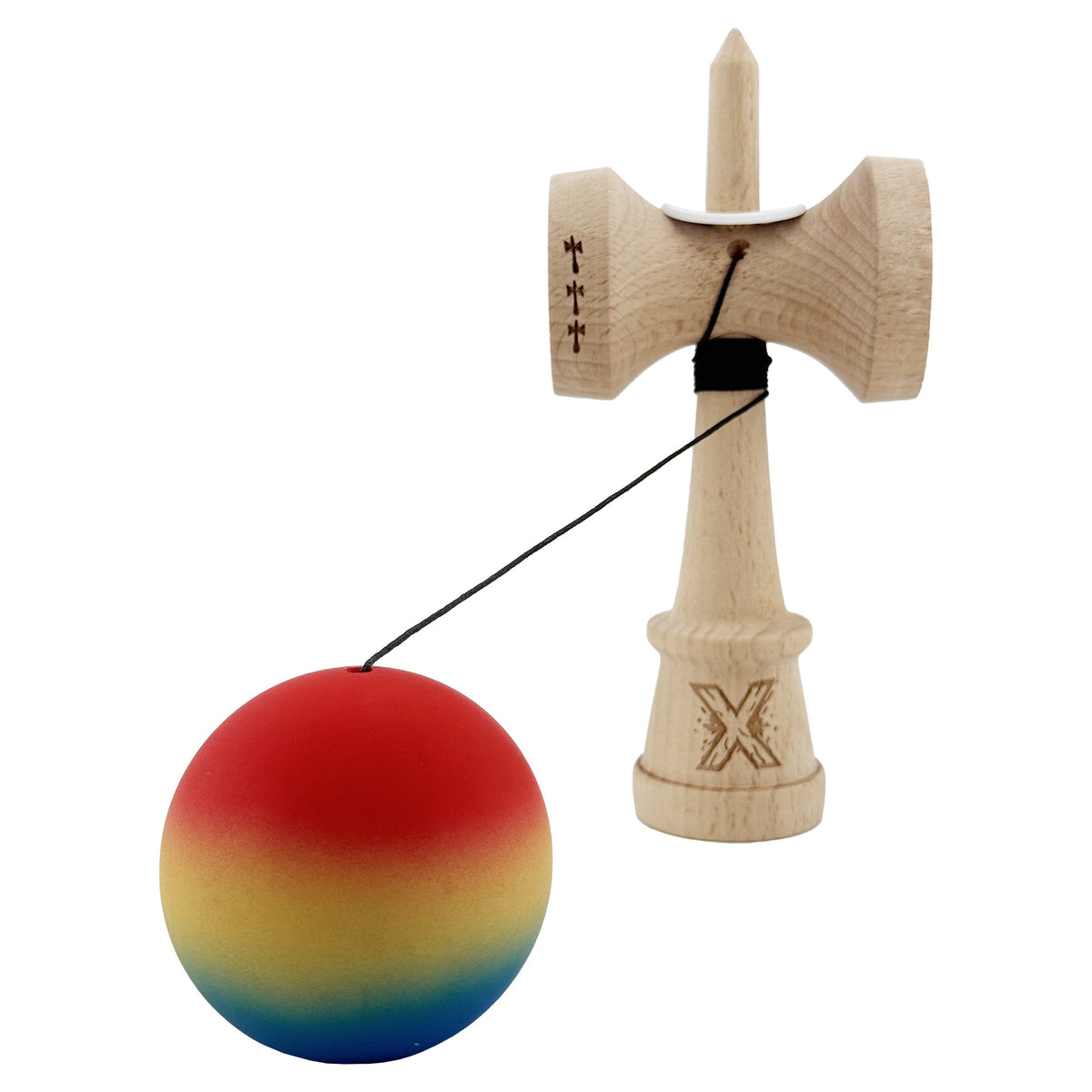 Kendama X Originala, Model V3 Rosu / Galben / Albastru in Degrade, Profesionala, Cupe Mari King Size, Rubber Grip, Gaura in Baza, Rulment, Ata 55cm