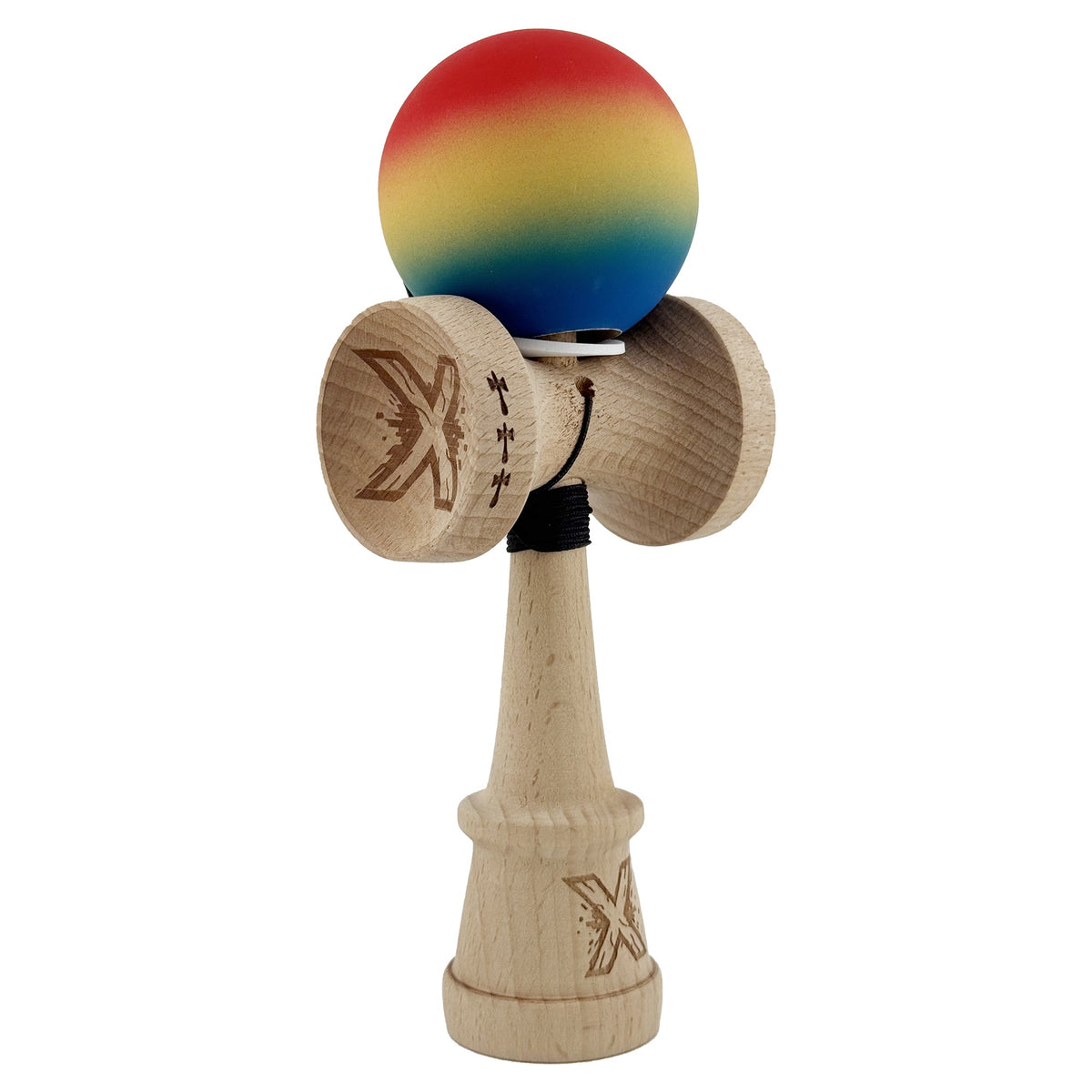 Kendama X Originala, Model V3 Rosu / Galben / Albastru in Degrade, Profesionala, Cupe Mari King Size, Rubber Grip, Gaura in Baza, Rulment, Ata 55cm