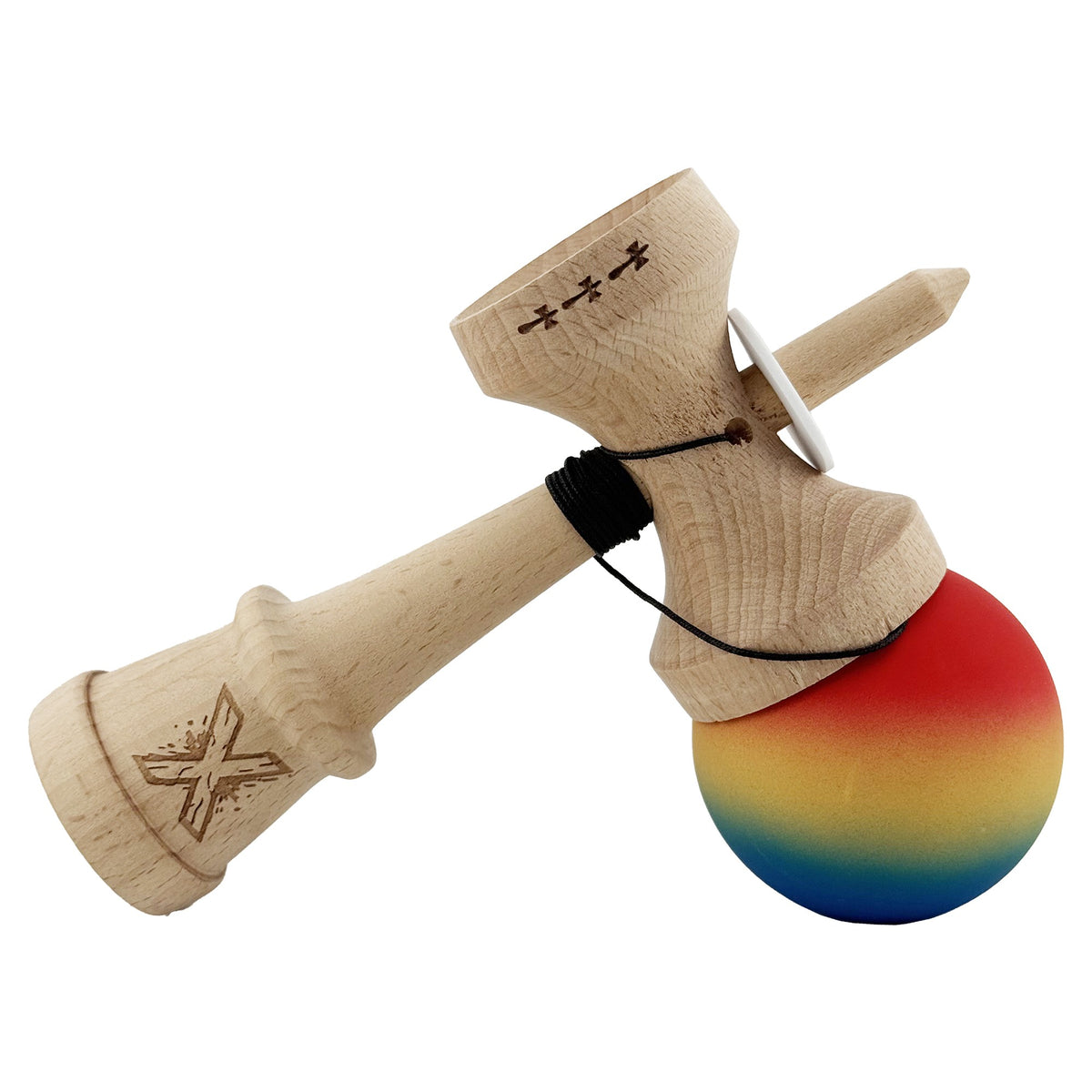 Kendama X Originala, Model V3 Rosu / Galben / Albastru in Degrade, Profesionala, Cupe Mari King Size, Rubber Grip, Gaura in Baza, Rulment, Ata 55cm