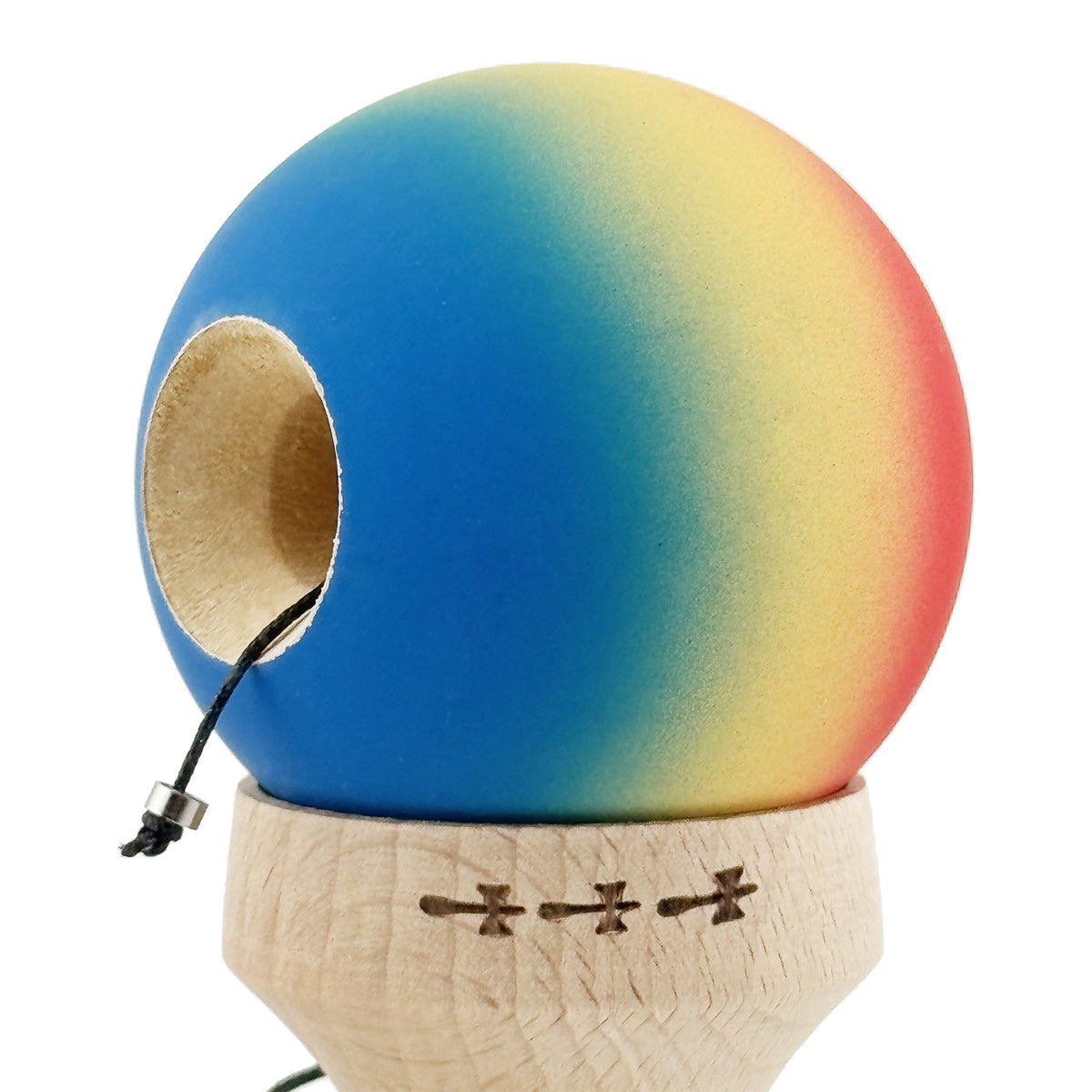 Kendama X Originala, Model V3 Rosu / Galben / Albastru in Degrade, Profesionala, Cupe Mari King Size, Rubber Grip, Gaura in Baza, Rulment, Ata 55cm