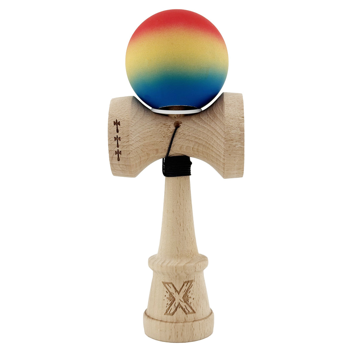 Kendama X Originala, Model V3 Rosu / Galben / Albastru in Degrade, Profesionala, Cupe Mari King Size, Rubber Grip, Gaura in Baza, Rulment, Ata 55cm