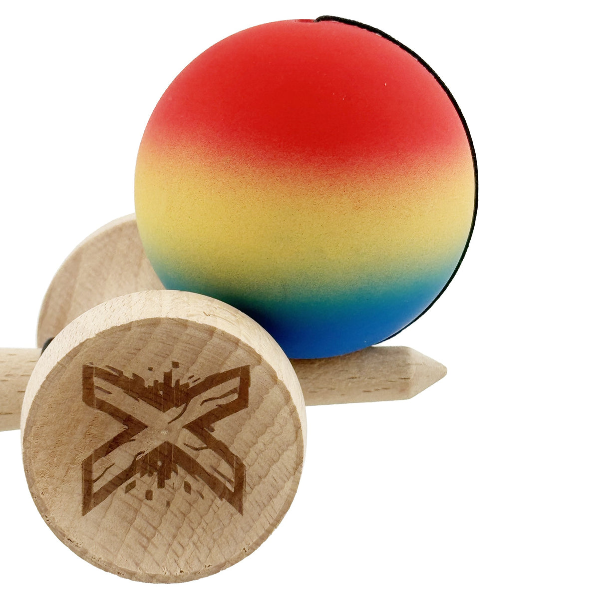 Kendama X Originala, Model V3 Rosu / Galben / Albastru in Degrade, Profesionala, Cupe Mari King Size, Rubber Grip, Gaura in Baza, Rulment, Ata 55cm