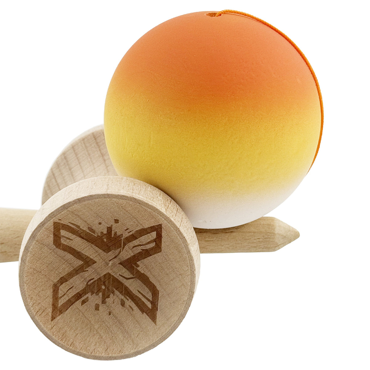 Kendama X Originala, Model V3 Portocaliu / Galben / Alb in Degrade, Profesionala, Cupe Mari King Size, Rubber Grip, Gaura in Baza, Rulment, Ata 55cm