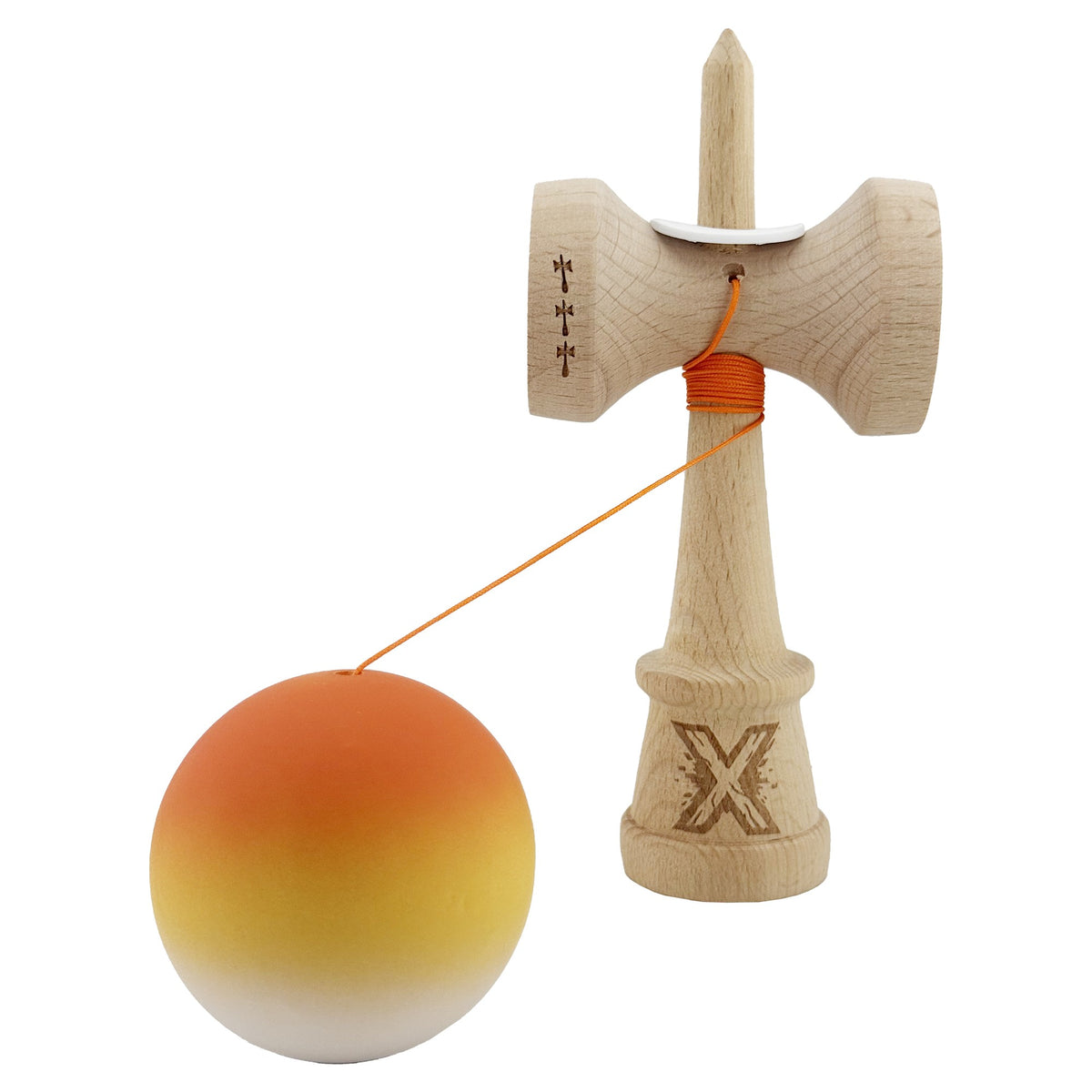 Kendama X Originala, Model V3 Portocaliu / Galben / Alb in Degrade, Profesionala, Cupe Mari King Size, Rubber Grip, Gaura in Baza, Rulment, Ata 55cm