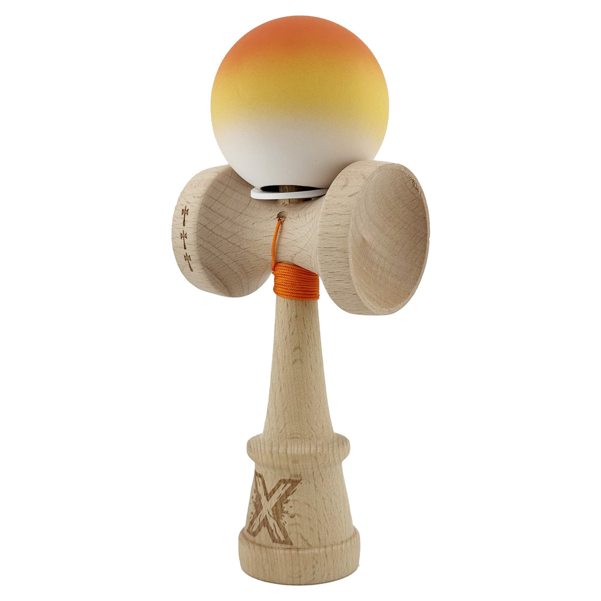 Kendama X Originala, Model V3 Portocaliu / Galben / Alb in Degrade, Profesionala, Cupe Mari King Size, Rubber Grip, Gaura in Baza, Rulment, Ata 55cm