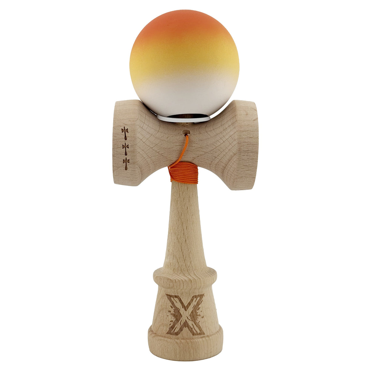 Kendama X Originala, Model V3 Portocaliu / Galben / Alb in Degrade, Profesionala, Cupe Mari King Size, Rubber Grip, Gaura in Baza, Rulment, Ata 55cm