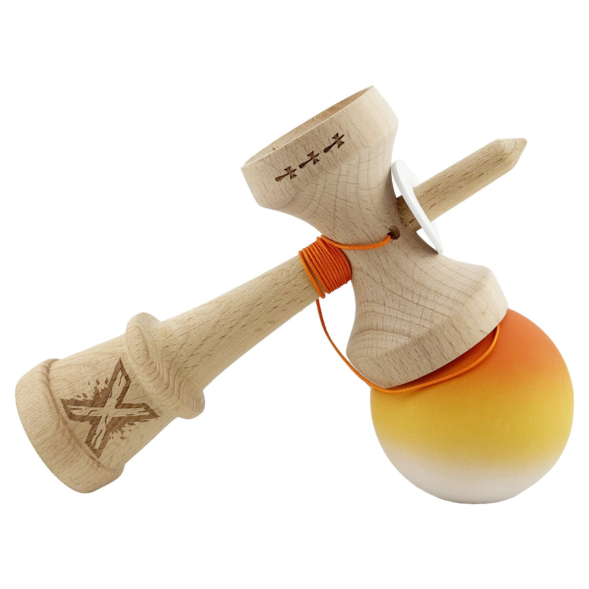 Kendama X Originala, Model V3 Portocaliu / Galben / Alb in Degrade, Profesionala, Cupe Mari King Size, Rubber Grip, Gaura in Baza, Rulment, Ata 55cm