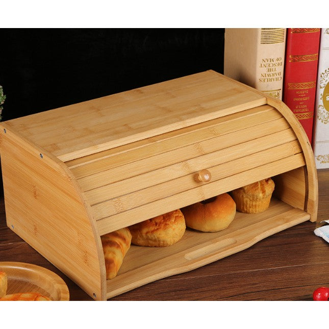 Cutie De Paine Multifunctionala, Suport Depozitare Produse Patiserie Si Fructe, Lemn De Bambus Natural, Cu Capac, 40 x 27 x 17.3 cm, Natur