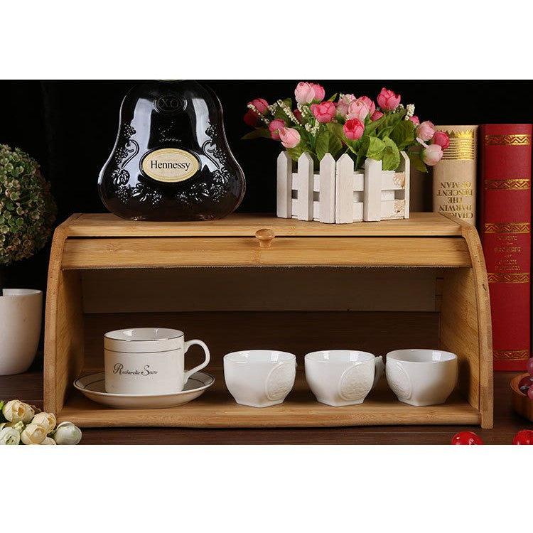 Cutie De Paine Multifunctionala, Suport Depozitare Produse Patiserie Si Fructe, Lemn De Bambus Natural, Cu Capac, 40 x 27 x 17.3 cm, Natur