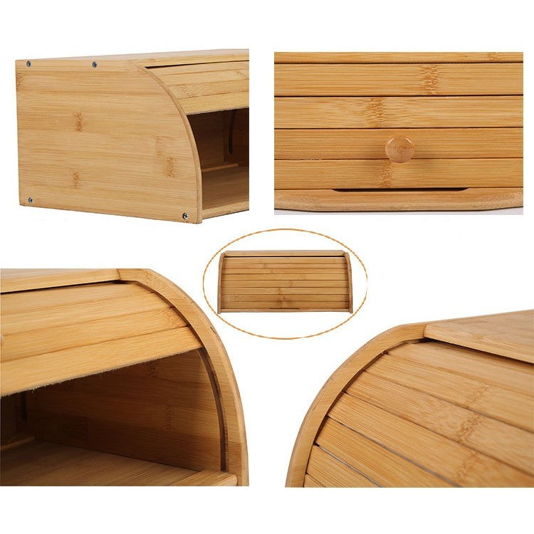 Cutie De Paine Multifunctionala, Suport Depozitare Produse Patiserie Si Fructe, Lemn De Bambus Natural, Cu Capac, 40 x 27 x 17.3 cm, Natur