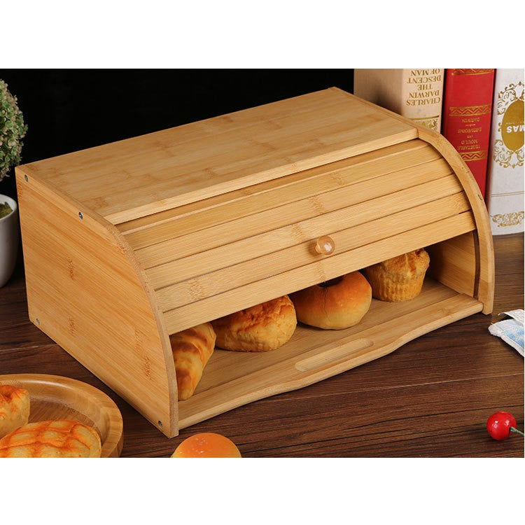 Cutie De Paine Multifunctionala, Suport Depozitare Produse Patiserie Si Fructe, Lemn De Bambus Natural, Cu Capac, 40 x 27 x 17.3 cm, Natur