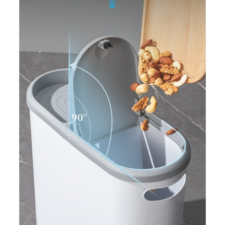 Cos de Gunoi cu Capac Pop-Up, Design Slim Oval pentru Spatii Inguiste, Plastic PP cu Maner si Compartiment Saci, 10 Litri, 31.5 x 14 x 30 cm, Gri