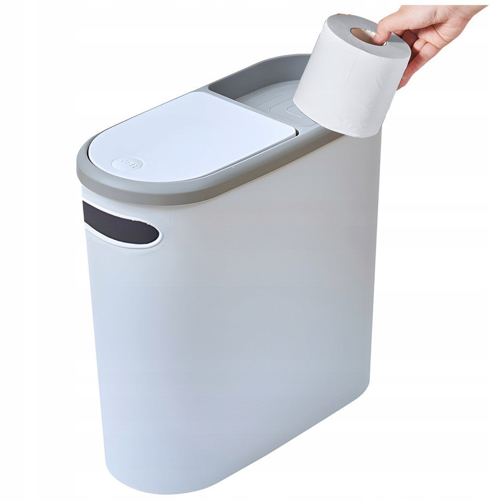 Cos de Gunoi 10L cu Capac Pop-Up si Deschidere Push, Design Slim Oval pentru Spatii Inguiste, Plastic PP cu Compartiment Saci si Maner, 31.5 x 14 x 30 cm, Alb/Gri
