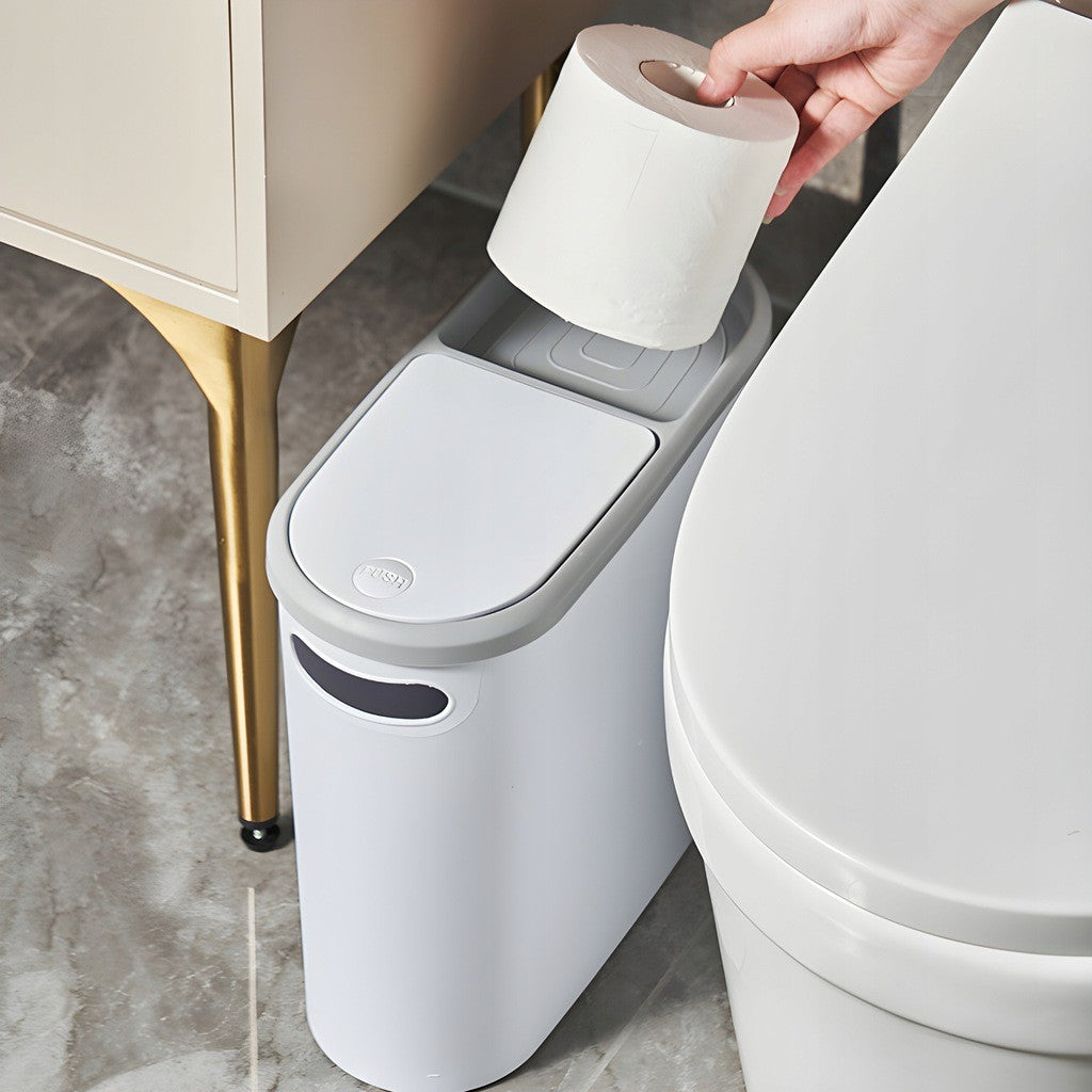 Cos de Gunoi 10L cu Capac Pop-Up si Deschidere Push, Design Slim Oval pentru Spatii Inguiste, Plastic PP cu Compartiment Saci si Maner, 31.5 x 14 x 30 cm, Alb/Gri