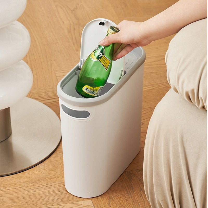 Cos de Gunoi 10L cu Capac Pop-Up si Deschidere Push, Design Slim Oval pentru Spatii Inguiste, Plastic PP cu Compartiment Saci si Maner, 31.5 x 14 x 30 cm, Alb/Gri