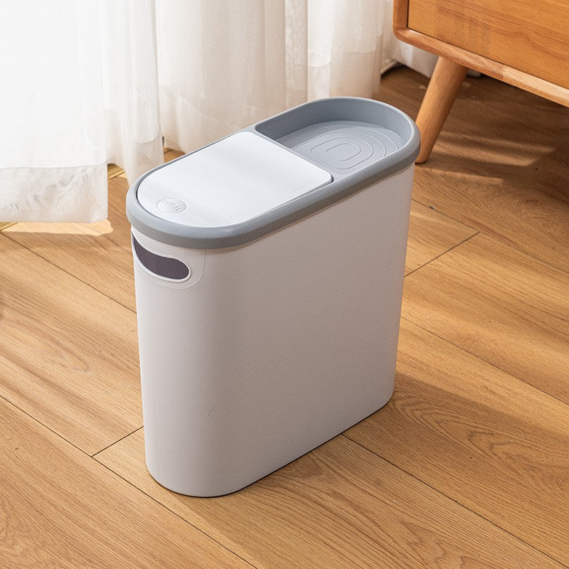Cos de Gunoi 10L cu Capac Pop-Up si Deschidere Push, Design Slim Oval pentru Spatii Inguiste, Plastic PP cu Compartiment Saci si Maner, 31.5 x 14 x 30 cm, Alb/Gri