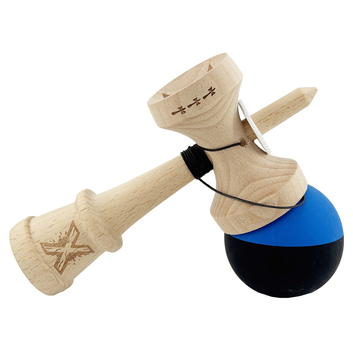 Kendama X Originala, Model V3 Albastru / Negru, Profesionala, Cupe Mari King Size, Rubber Grip, Gaura in Baza, Rulment, Ata 62cm