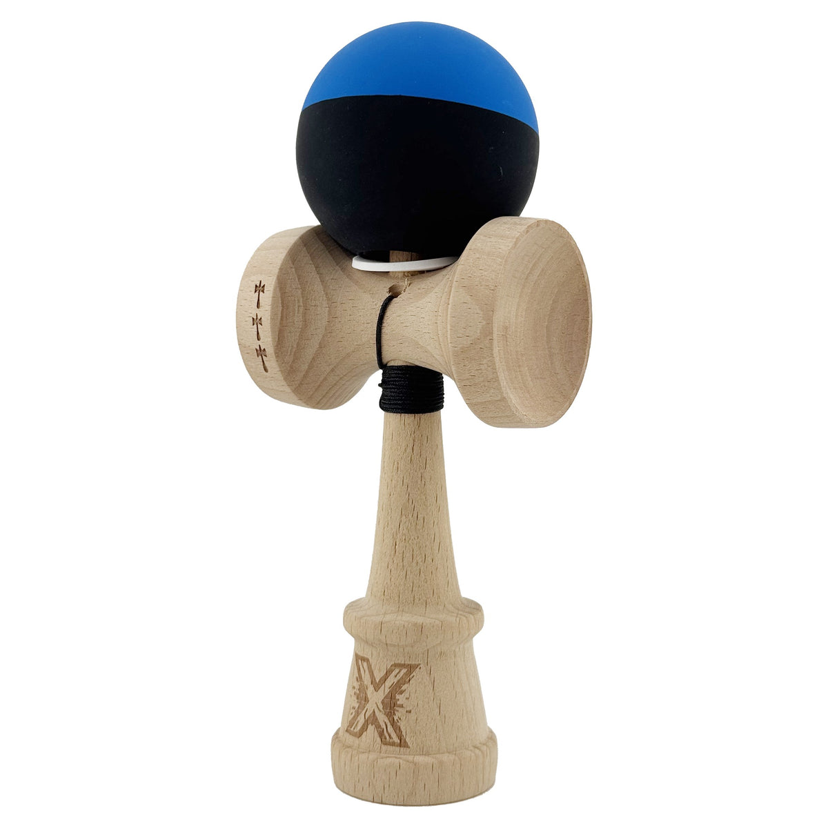 Kendama X Originala, Model V3 Albastru / Negru, Profesionala, Cupe Mari King Size, Rubber Grip, Gaura in Baza, Rulment, Ata 62cm
