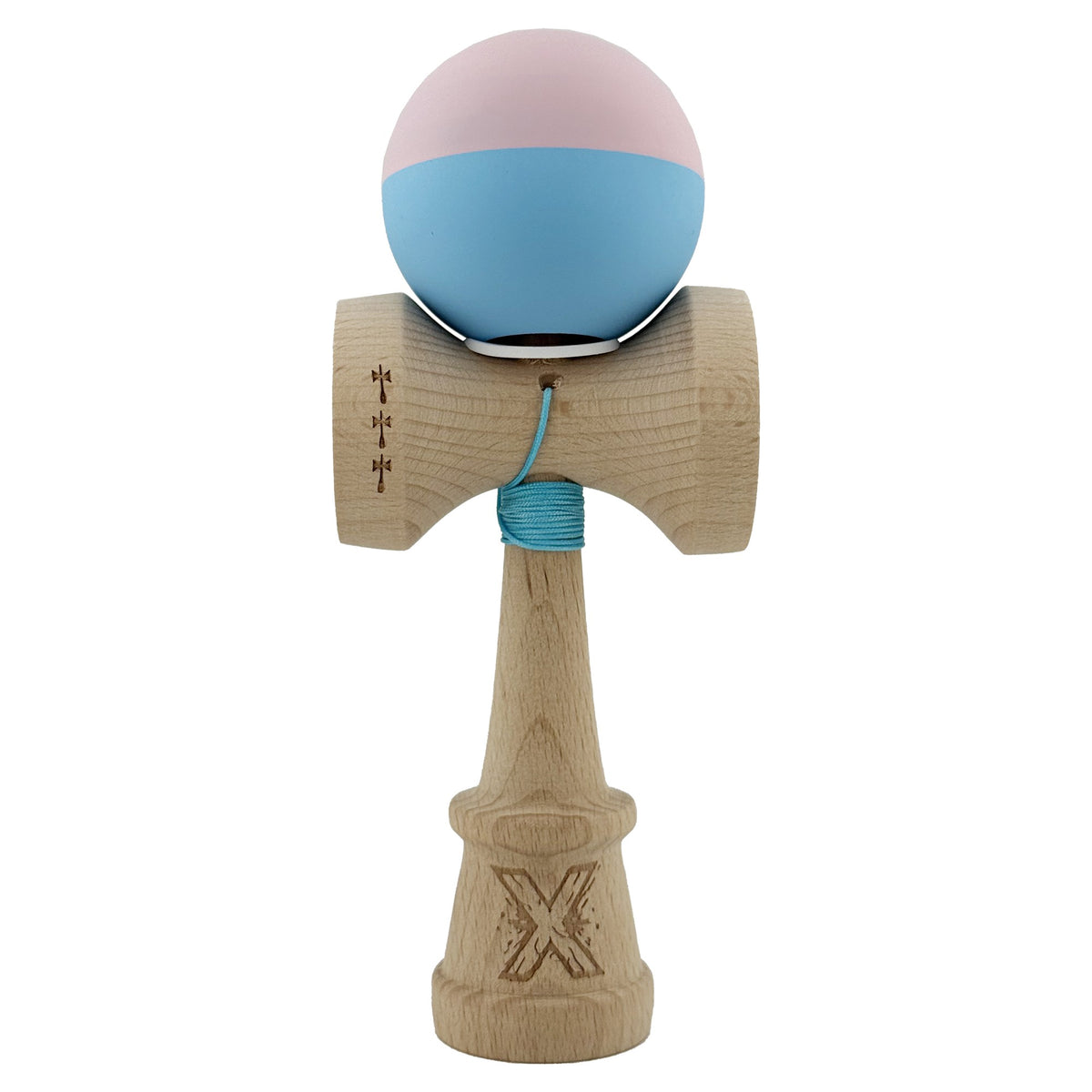 Kendama X Originala, Model V3 Roz / Bleu, Profesionala, Cupe Mari King Size, Rubber Grip, Gaura in Baza, Rulment, Ata 62cm