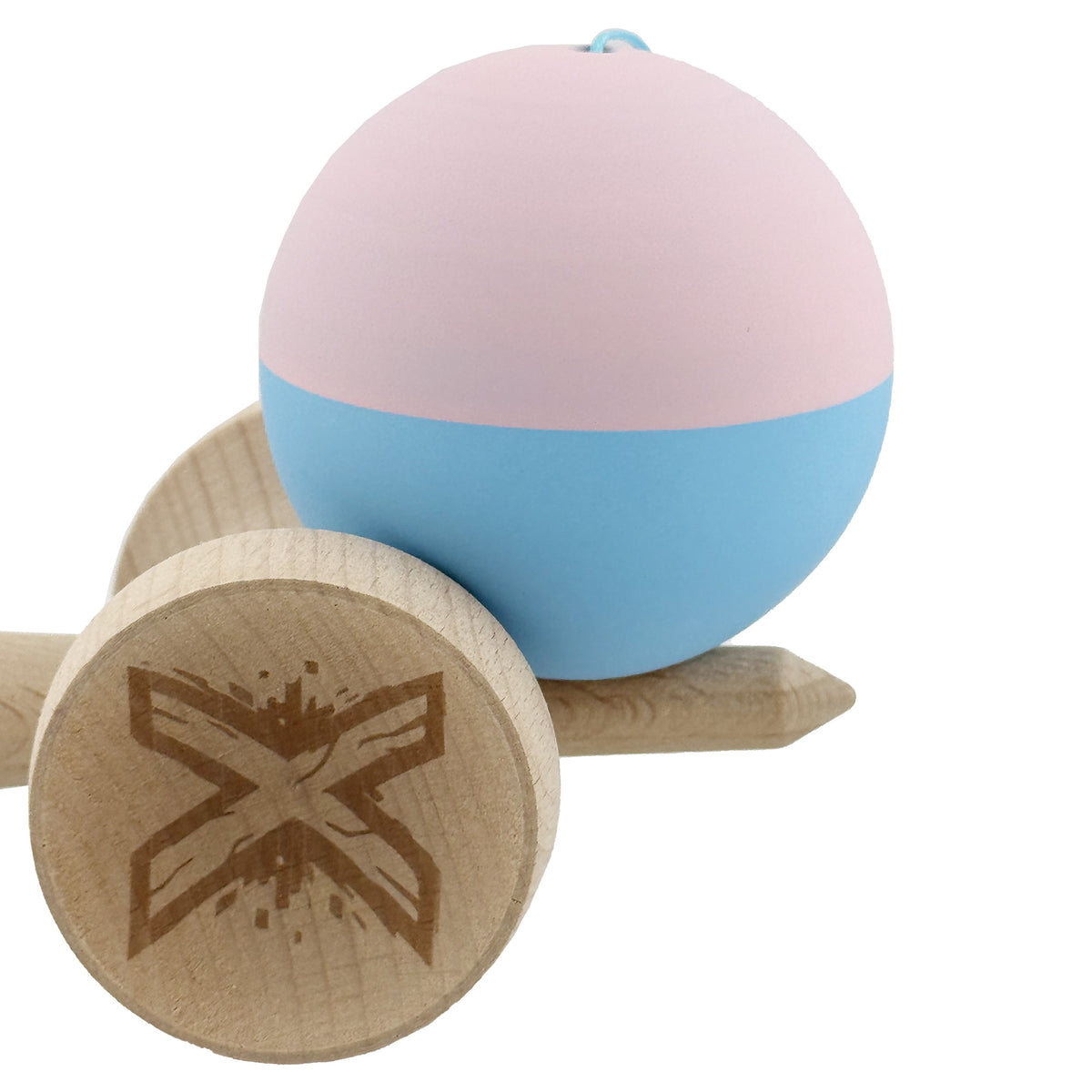 Kendama X Originala, Model V3 Roz / Bleu, Profesionala, Cupe Mari King Size, Rubber Grip, Gaura in Baza, Rulment, Ata 62cm