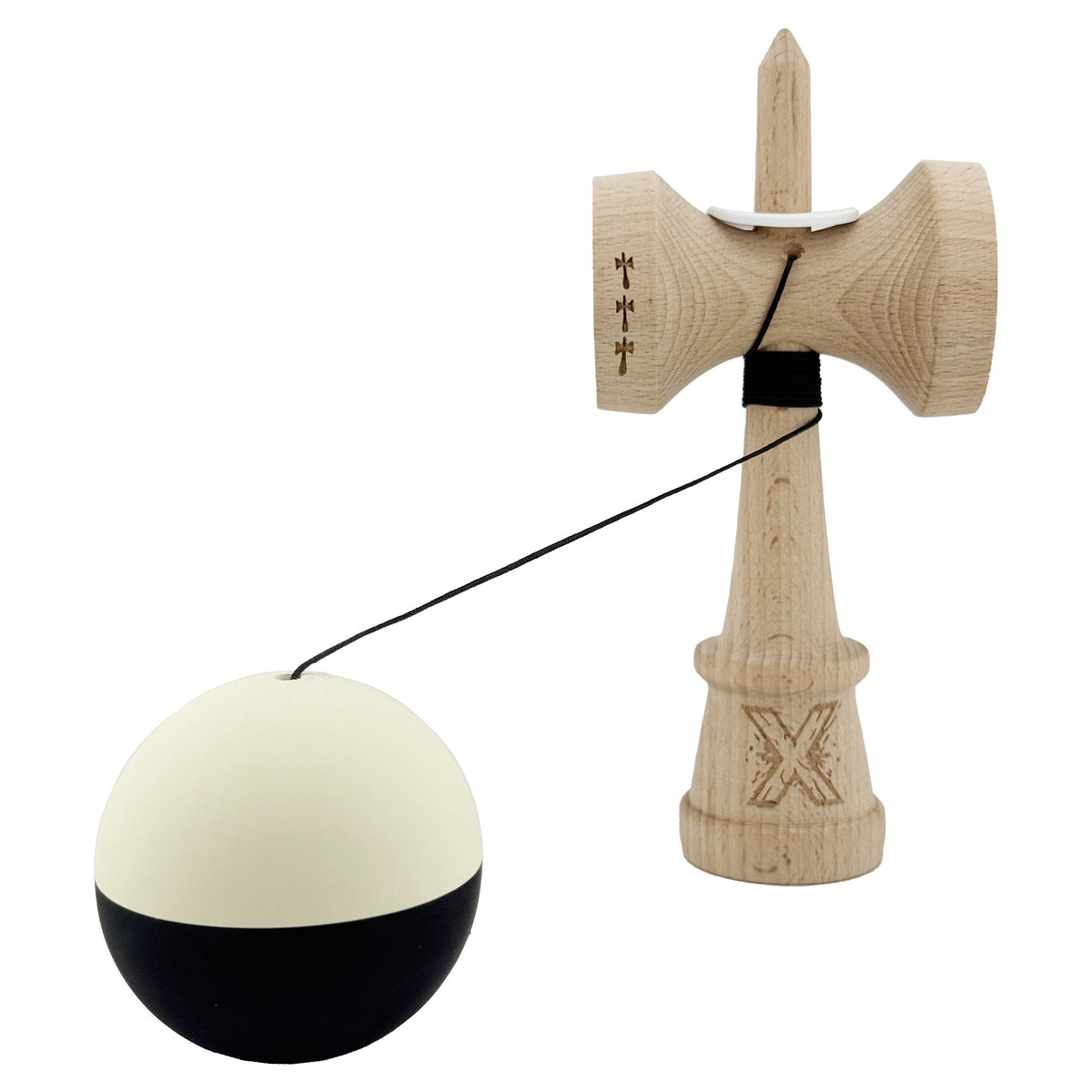 Kendama X Originala, Model V3 Galben / Negru, Profesionala, Cupe Mari King Size, Rubber Grip, Gaura in Baza, Rulment, Ata 62cm