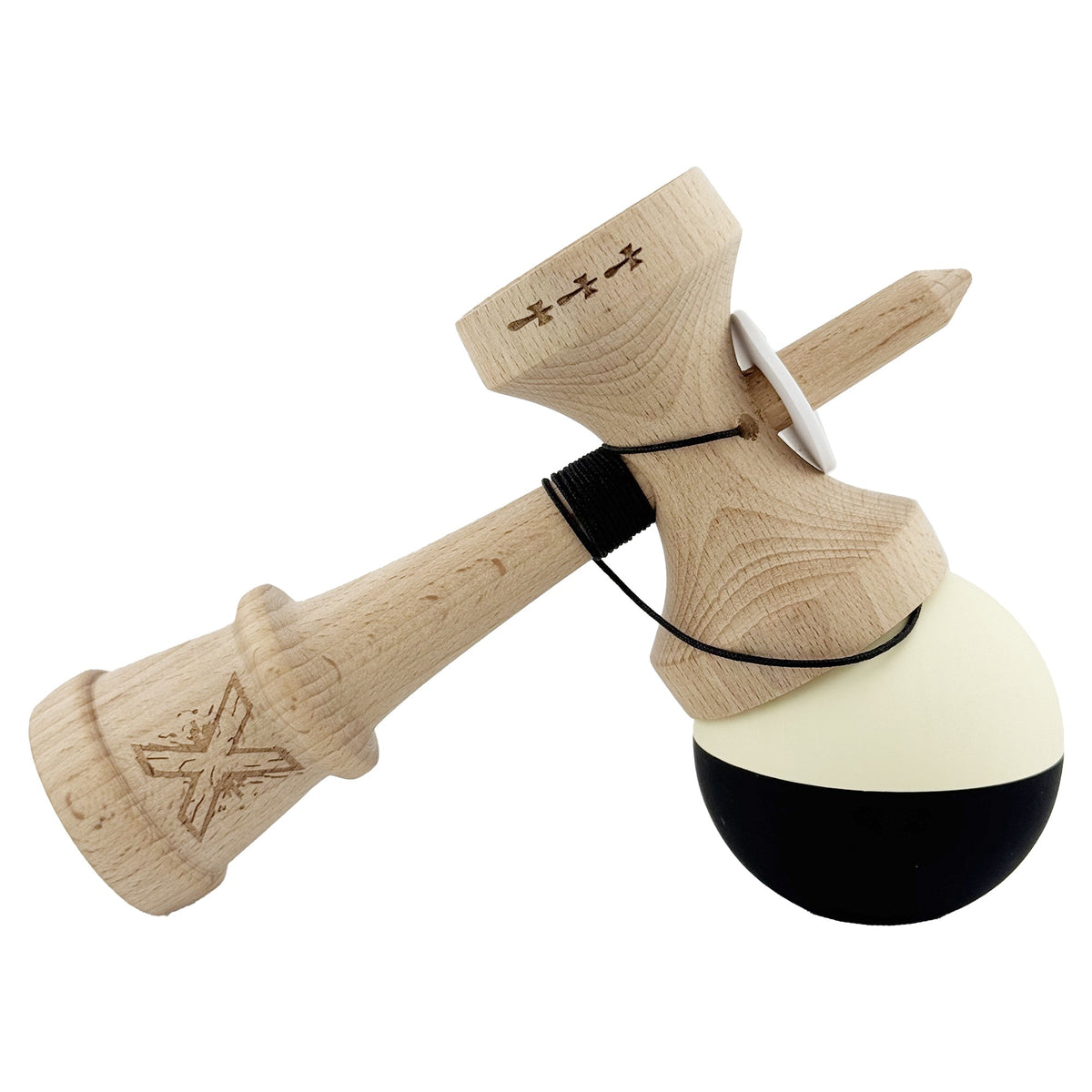 Kendama X Originala, Model V3 Galben / Negru, Profesionala, Cupe Mari King Size, Rubber Grip, Gaura in Baza, Rulment, Ata 62cm