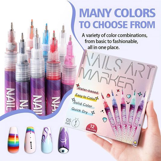 Set 12 Markere Acrilice Nail Art, Creioane Pentru Decorarea Unghiilor Cu Varf Ultra Fin 0.5 mm, Formula Pe Baza De Apa Cu Uscare Rapida, Multicolor, 13 x 10 cm, 12 Bucati