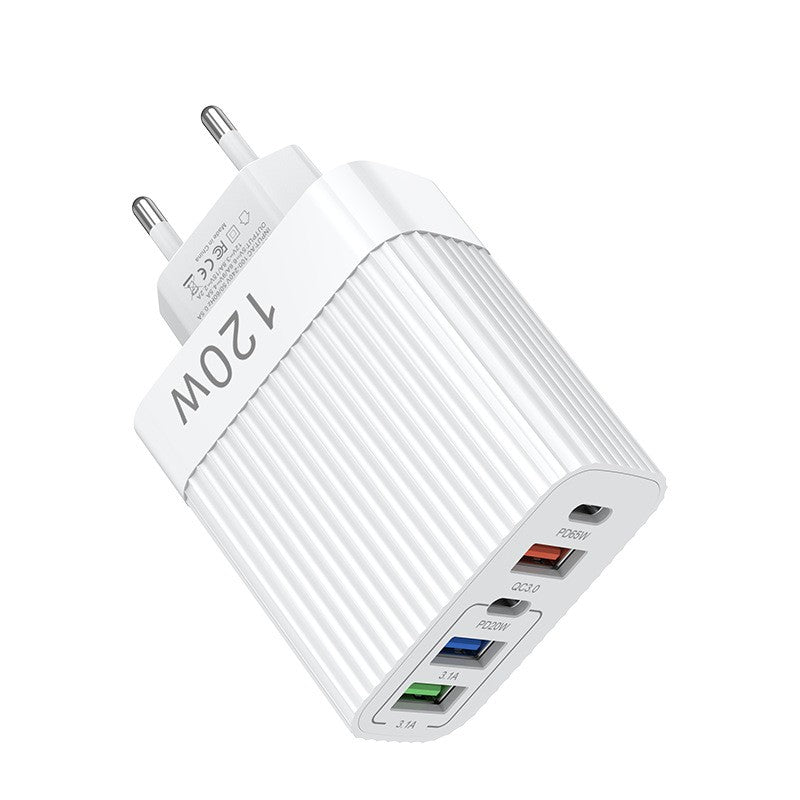 Incarcator Retea Fast Charger 120W, Adaptor Multi-Port Power Delivery, 2 Porturi USB-C si 3 Porturi USB-A, Compatibil Telefon si Tableta, Alb